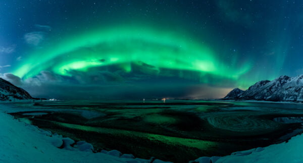 Northern Lights Holidays - northern lights panorama over Lofoten